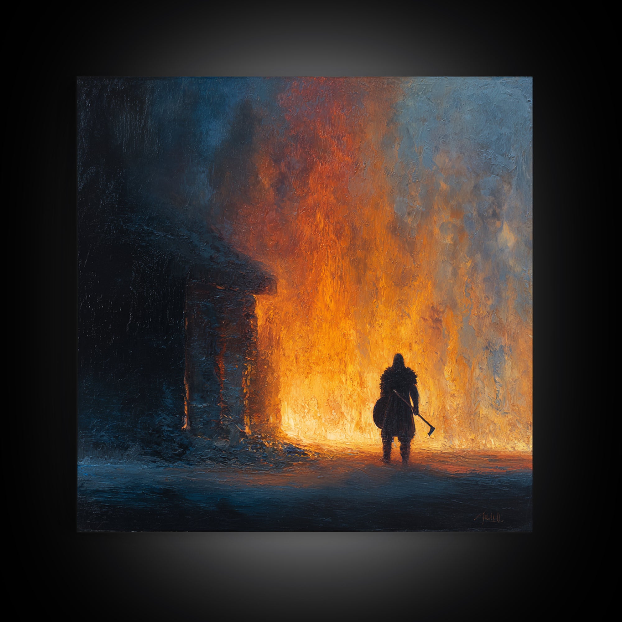Lone Warrior Before Blazing Hall Wall Art, Dark Fantasy Fire Painting, Medieval Battle Decor, Moody Canvas Art Gift For Him