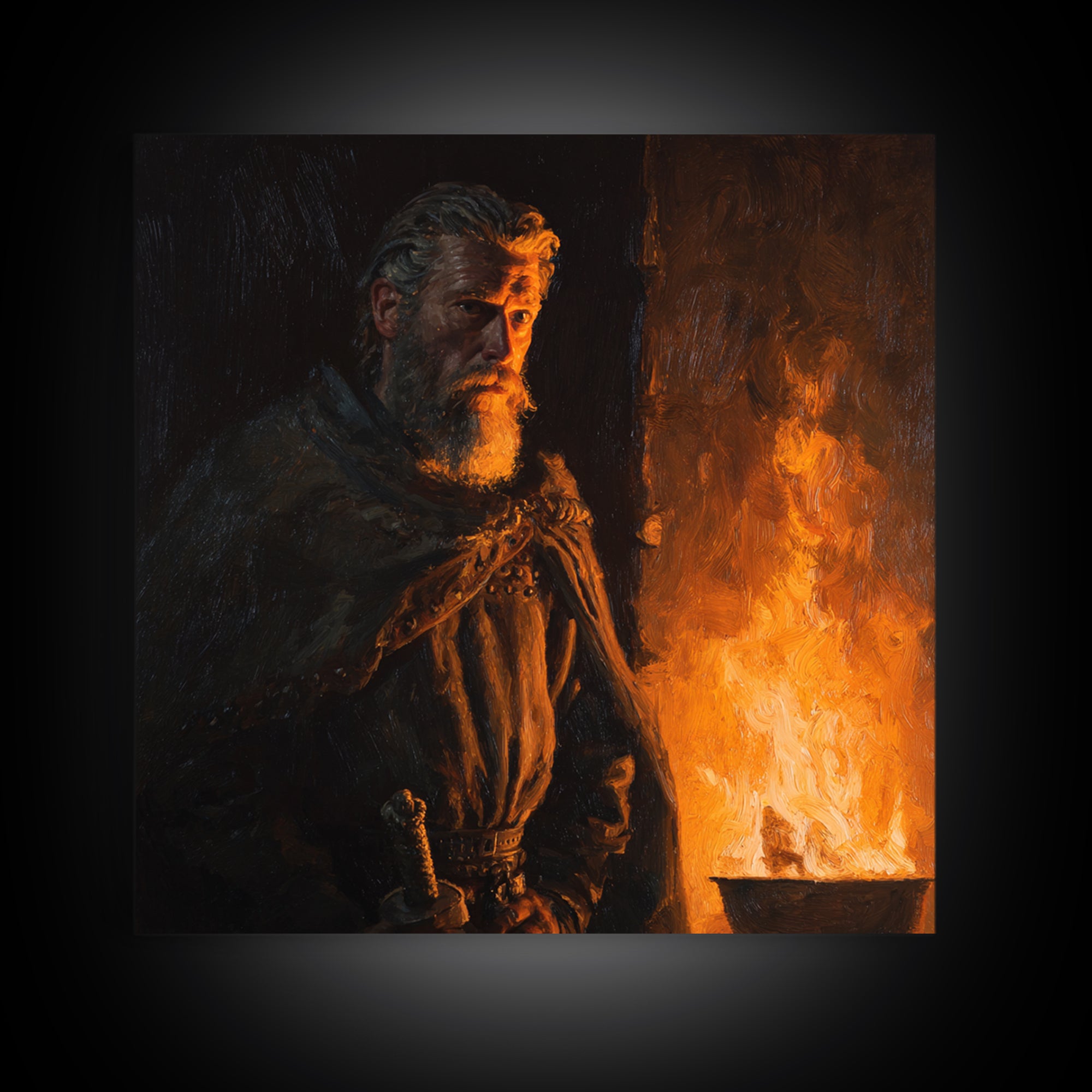Bearded Viking By Firelight, Moody Warrior Portrait Wall Art, Norse Framed Canvas Print, Rustic Masculine Decor, Gift For Him