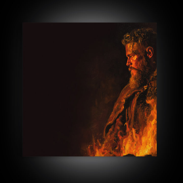 Fiery Viking Warrior Portrait Canvas Print, Bold Dark Norse Painting, Masculine Wall Art, Moody Fantasy Decor Gift For Him