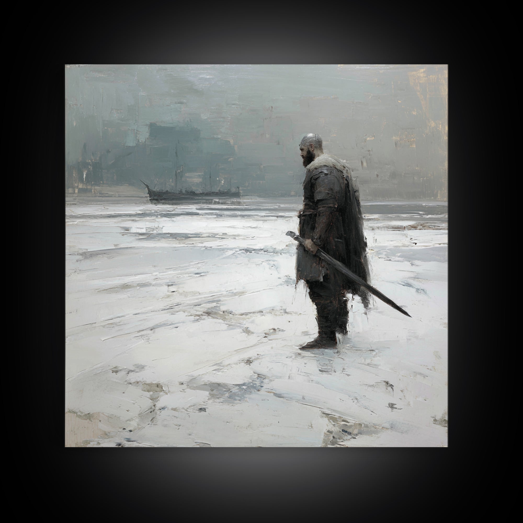 Lone Warrior With Sword In Snow Framed Canvas Print, Nordic Winter Landscape, Moody Wall Art, Dark Fantasy Office Decor Gift
