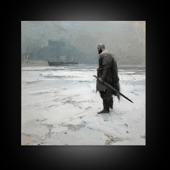 Lone Warrior With Sword In Snow Framed Canvas Print, Nordic Winter Landscape, Moody Wall Art, Dark Fantasy Office Decor Gift