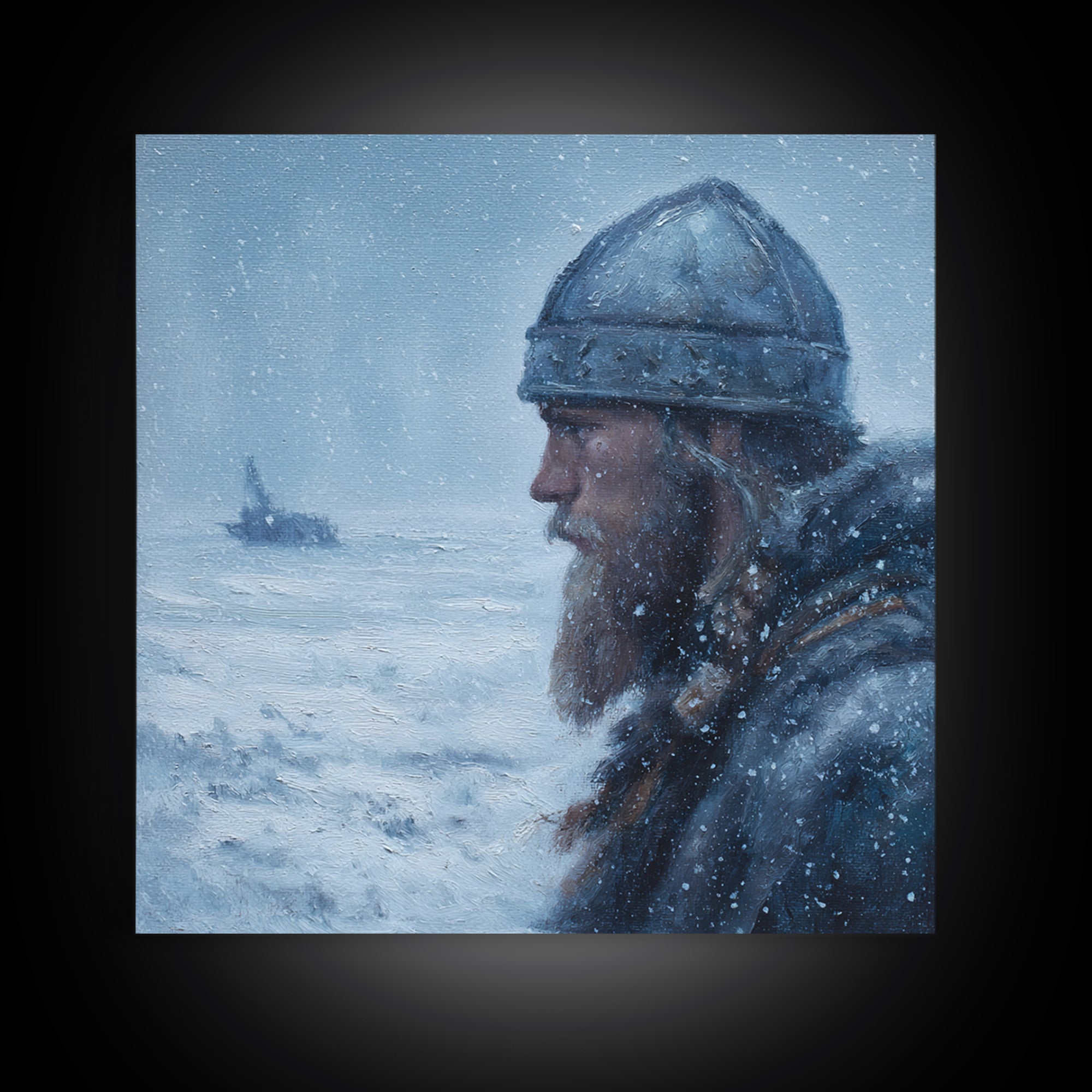 Snowy Viking Warrior Profile Wall Art, Nordic Winter Seascape Oil Painting, Norse Mythology Decor, Masculine Art Print Gift