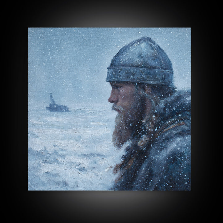 Snowy Viking Warrior Profile Wall Art, Nordic Winter Seascape Oil Painting, Norse Mythology Decor, Masculine Art Print Gift