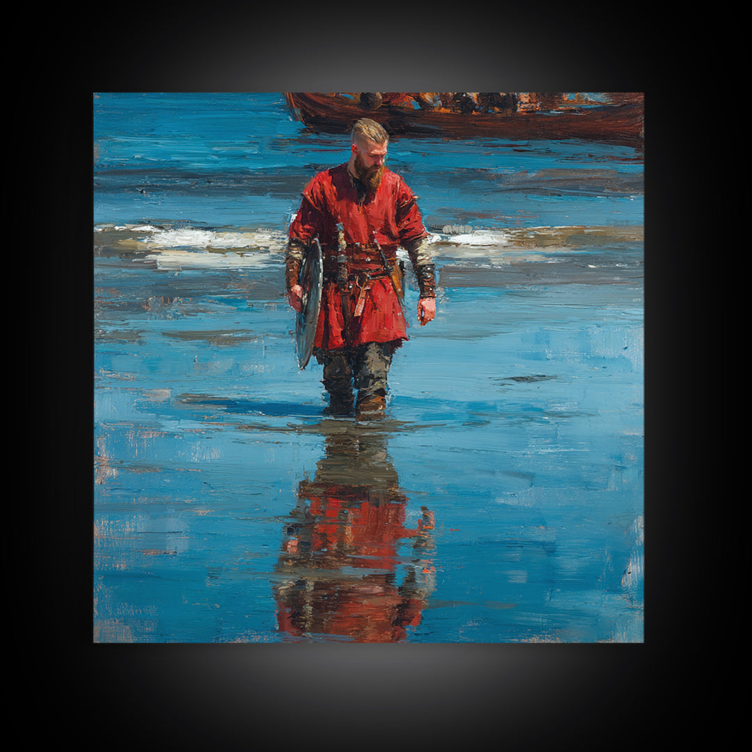 Red Viking Warrior On Shore Canvas Print, Medieval Seascape Oil Painting, Norse Wall Decor, Coastal Masculine Gift For Him