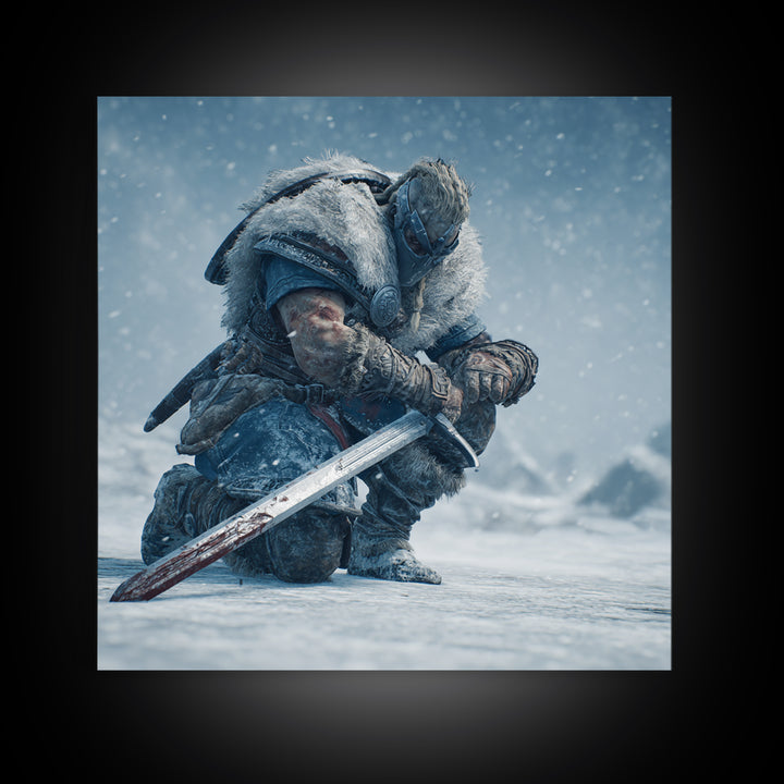 Kneeling Viking Warrior In Snow Framed Canvas Print, Nordic Wall Art, Fantasy Sword Decor, Winter Battle Gift For Him, Man Cave Decor