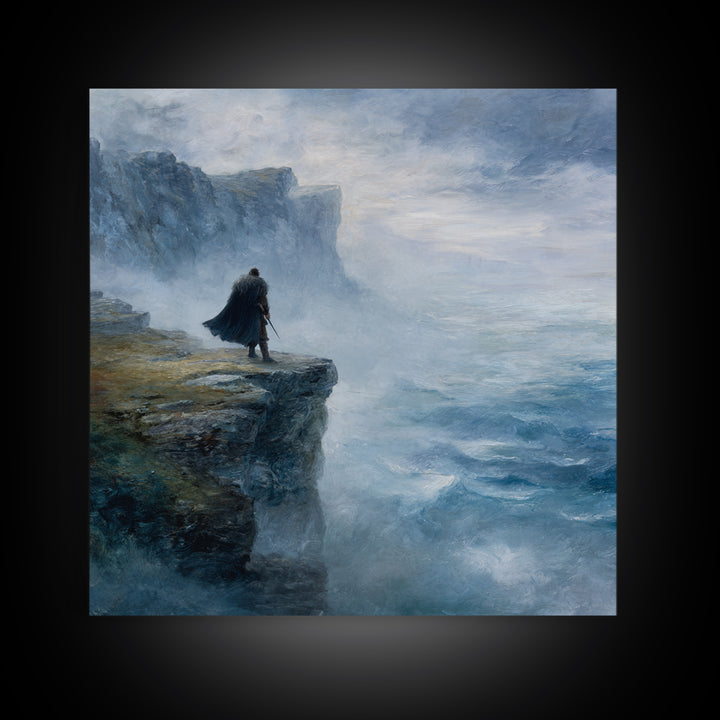 Cloaked Wanderer On Misty Sea Cliff Wall Art, Moody Coastal Landscape Oil Painting, Nordic Fantasy Home Decor For Living Room