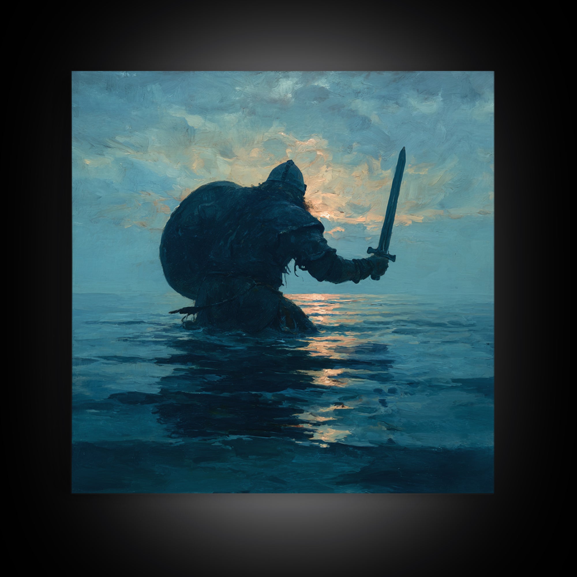 Lone Warrior Rising From The Sea Wall Art, Blue Ocean Sword Painting, Mythic Coastal Canvas Print For Dramatic Living Room Decor