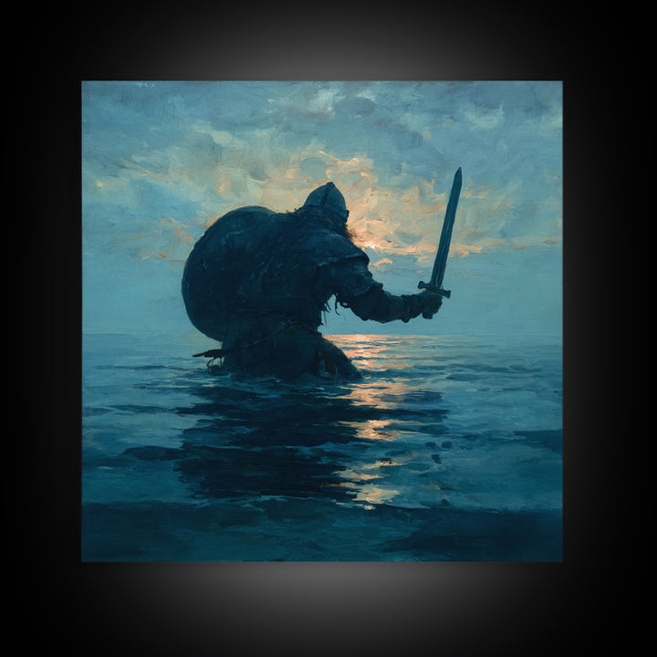 Lone Warrior Rising From The Sea Wall Art, Blue Ocean Sword Painting, Mythic Coastal Canvas Print For Dramatic Living Room Decor