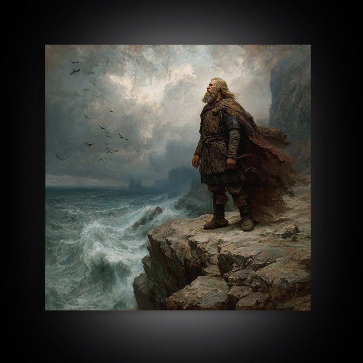 Viking Chieftain On Stormy Sea Cliff Wall Art, Moody Norse Coastal Painting, Dramatic Landscape Art, Masculine Office Decor