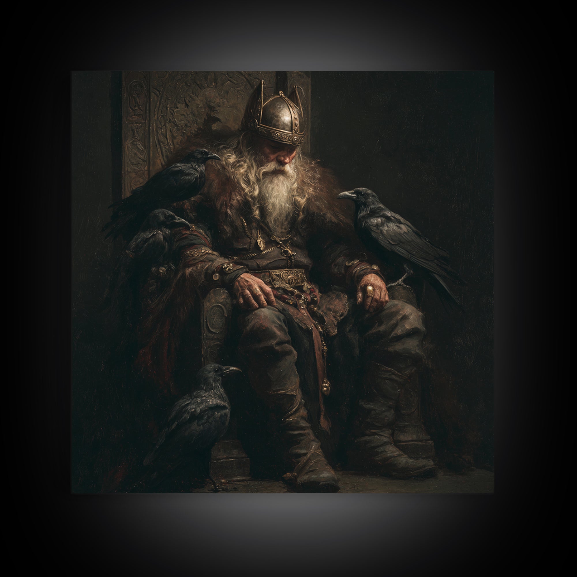 Viking King With Ravens Wall Art, Dark Academia Norse Portrait, Moody Medieval Oil Painting, Gothic Office Decor Gift For Him