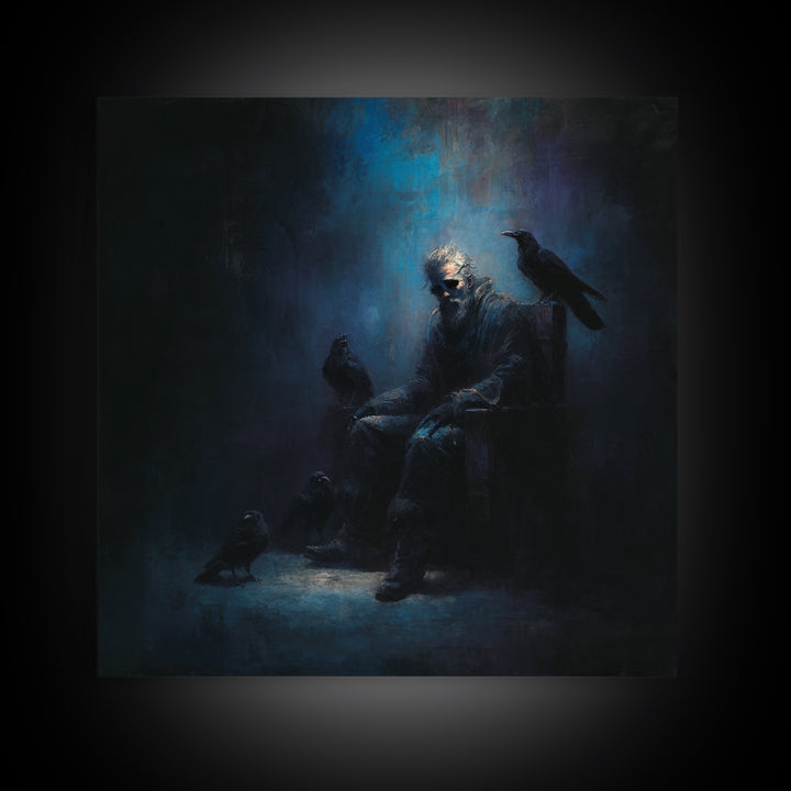 Moody Raven Keeper Portrait Framed Canvas Print, Dark Academia Wall Art, Gothic Crow Oil Painting, Mysterious Office Decor