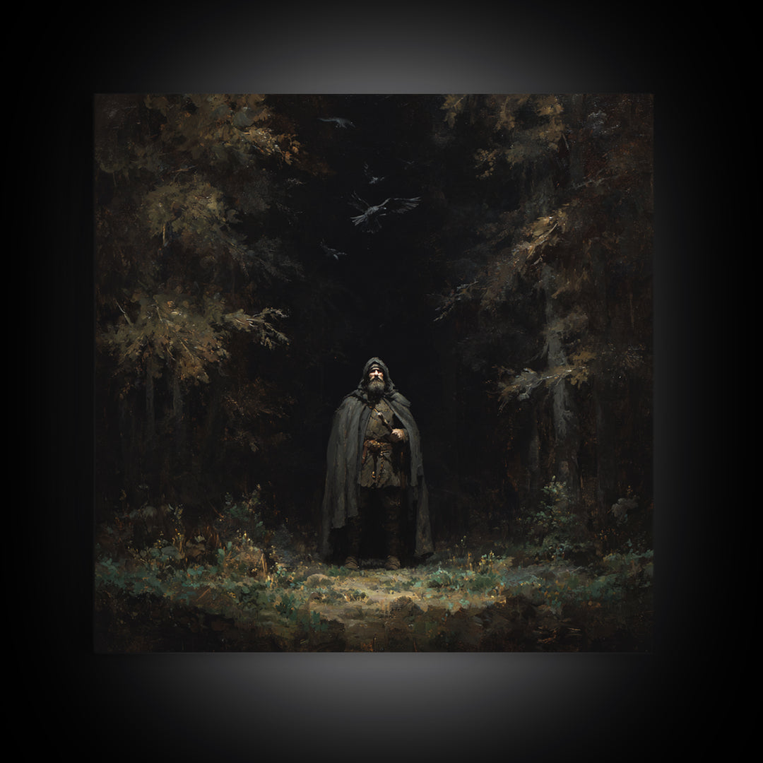 Hooded Wanderer In Dark Forest Wall Art, Raven Gothic Landscape Painting, Moody Fantasy Canvas Print For Dark Academia Decor