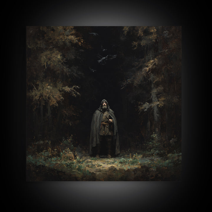Hooded Wanderer In Dark Forest Wall Art, Raven Gothic Landscape Painting, Moody Fantasy Canvas Print For Dark Academia Decor