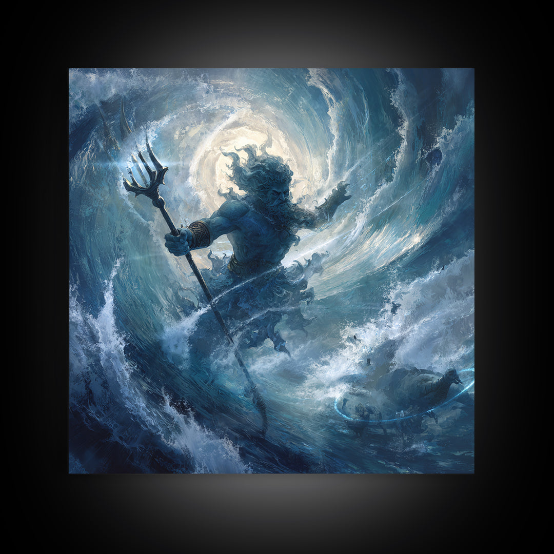Poseidon Rising From Stormy Ocean Canvas Print, Mythological Wall Art, Nautical Fantasy Decor, Blue Coastal Artwork, Sea God Art