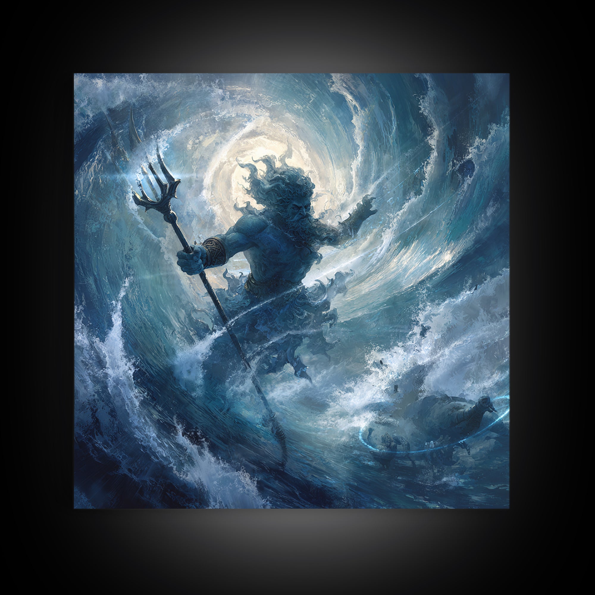 Poseidon Rising From Stormy Ocean Canvas Print, Mythological Wall Art, Nautical Fantasy Decor, Blue Coastal Artwork, Sea God Art