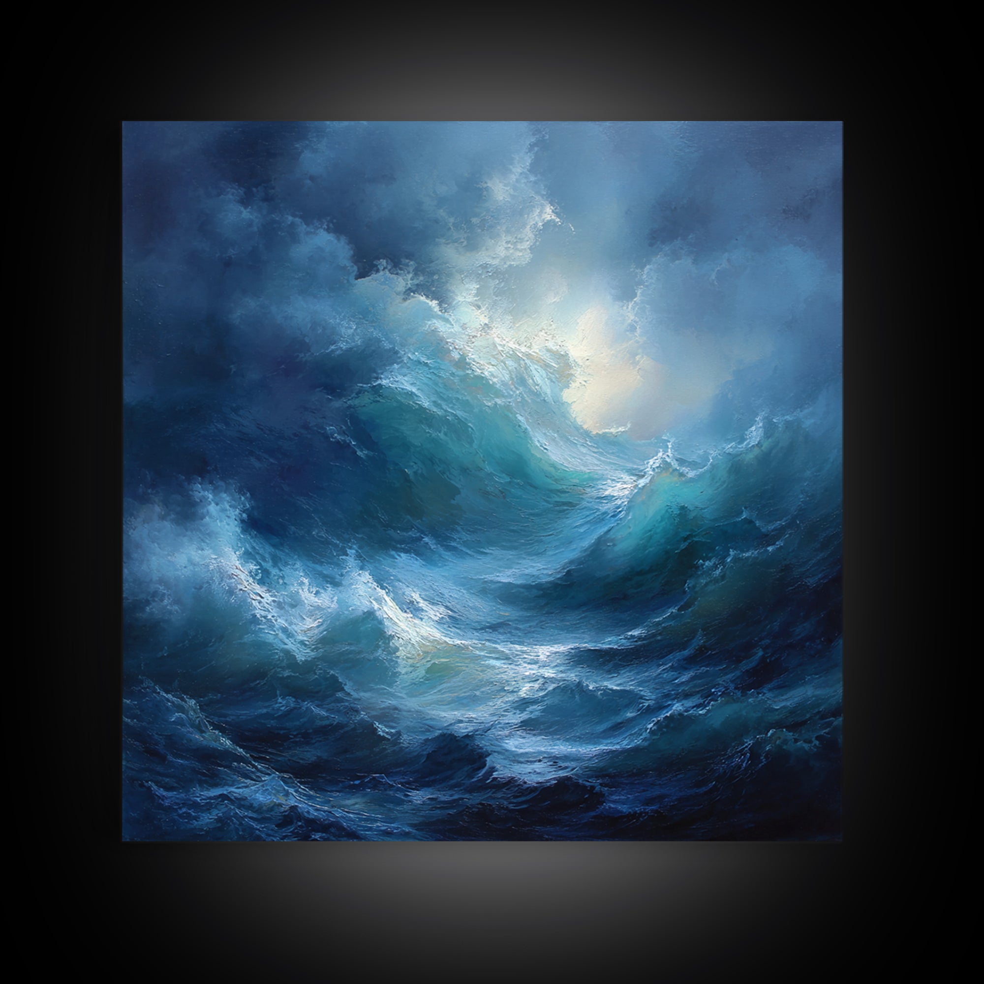 Dramatic Blue Ocean Wave Wall Art, Abstract Seascape Oil Painting, Coastal Canvas Decor, Large Living Room Art Print For Home Decor
