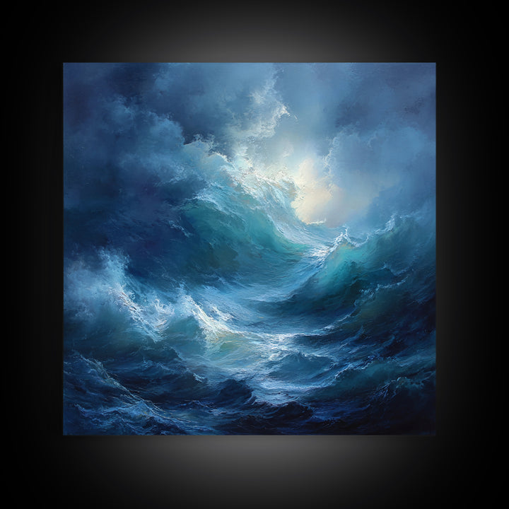 Dramatic Blue Ocean Wave Wall Art, Abstract Seascape Oil Painting, Coastal Canvas Decor, Large Living Room Art Print For Home Decor