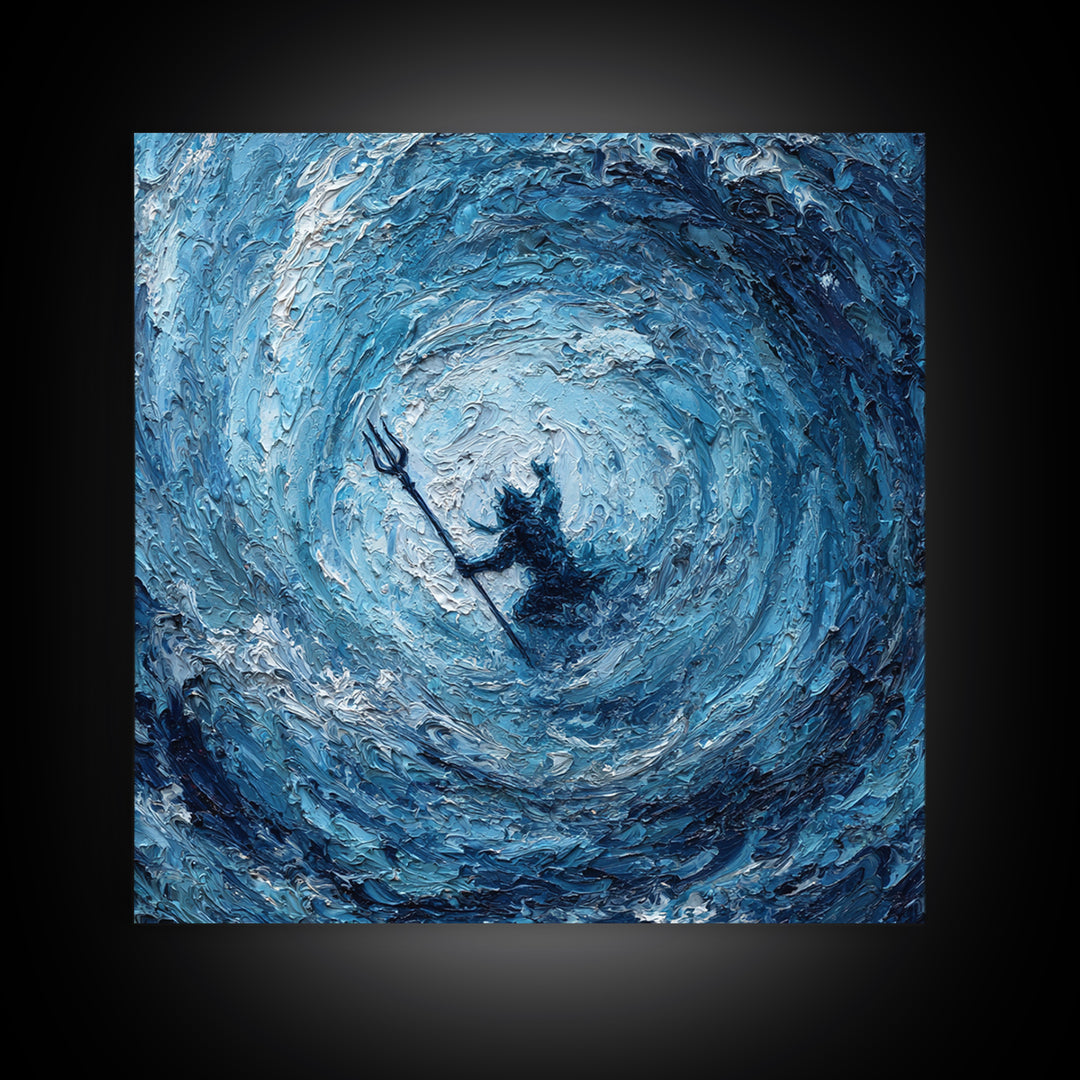 Poseidon In Blue Ocean Vortex Wall Art, Textured Impasto Canvas Print, Mythology Decor, Coastal Abstract Seascape Painting
