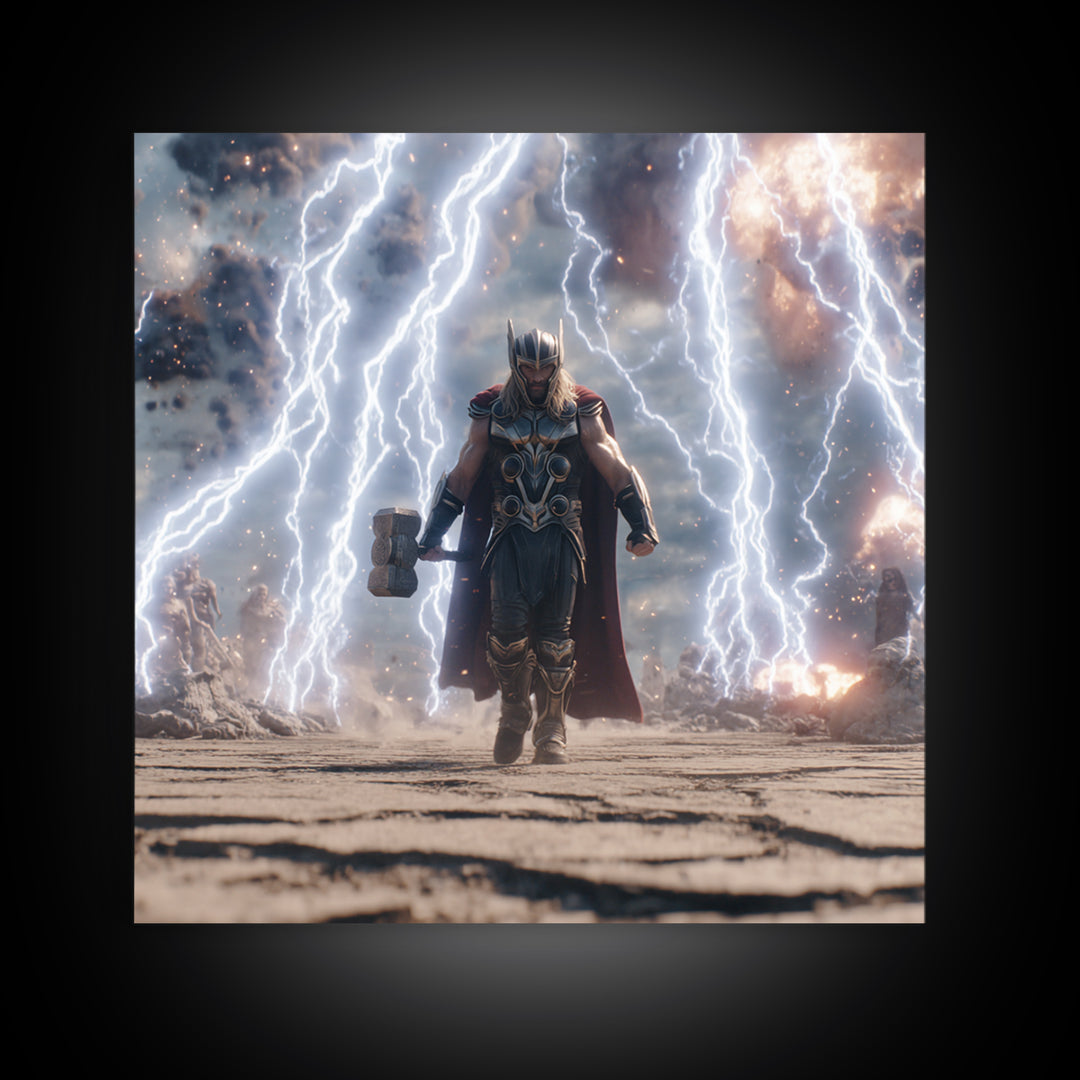 Thunder God With Hammer And Lightning Wall Art, Norse Mythology Canvas Print, Fantasy Warrior Decor, Gift For Him, Gaming Room Art