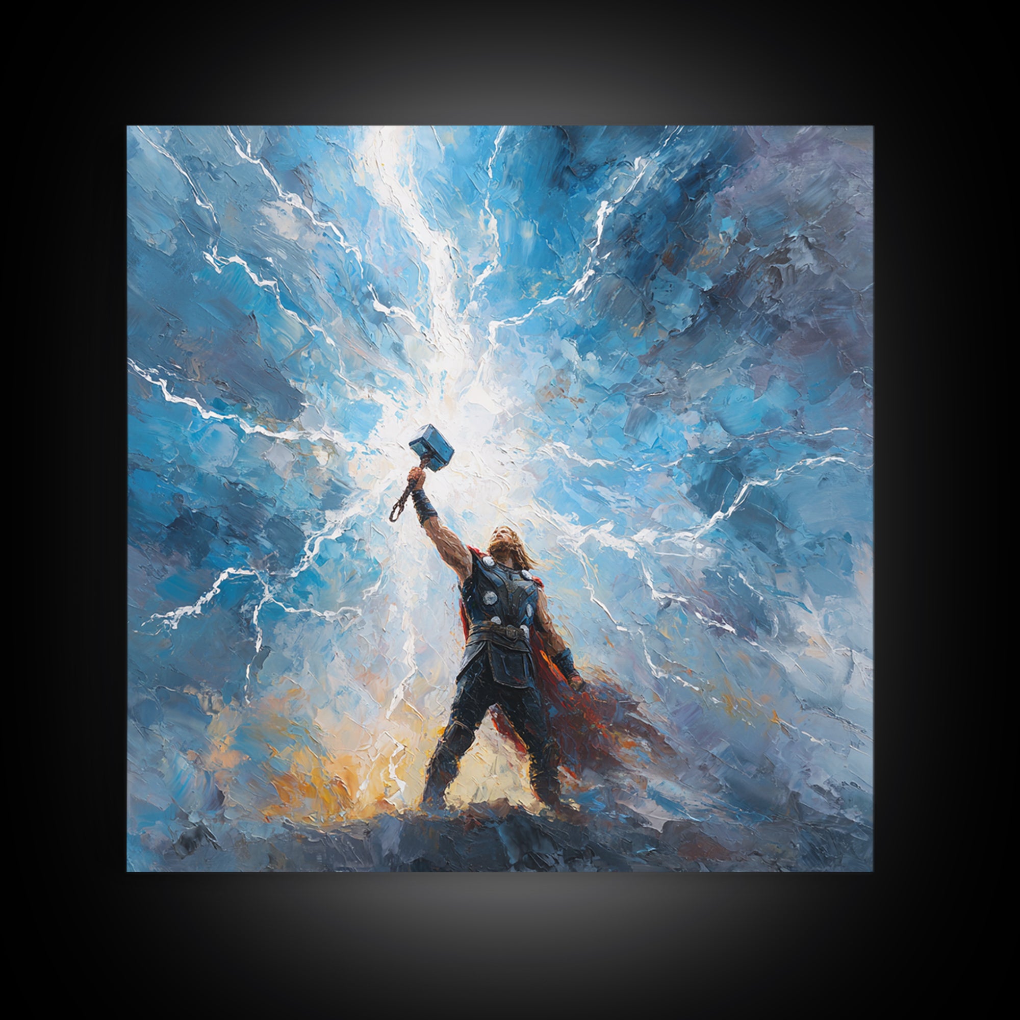 Thunder God Raising Hammer Wall Art, Norse Mythology Canvas Print, Lightning Storm Oil Painting, Viking Decor Gift For Him