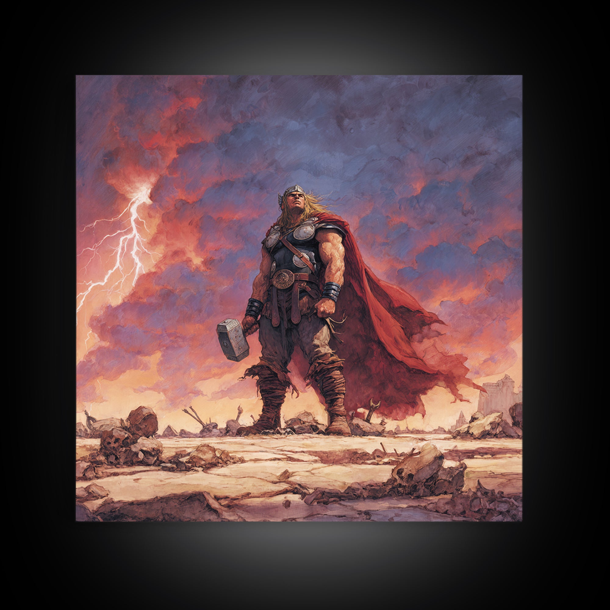 Thunder God With Hammer And Stormy Lightning Sky, Epic Viking Canvas Print, Norse Mythology Wall Art, Fantasy Warrior Decor