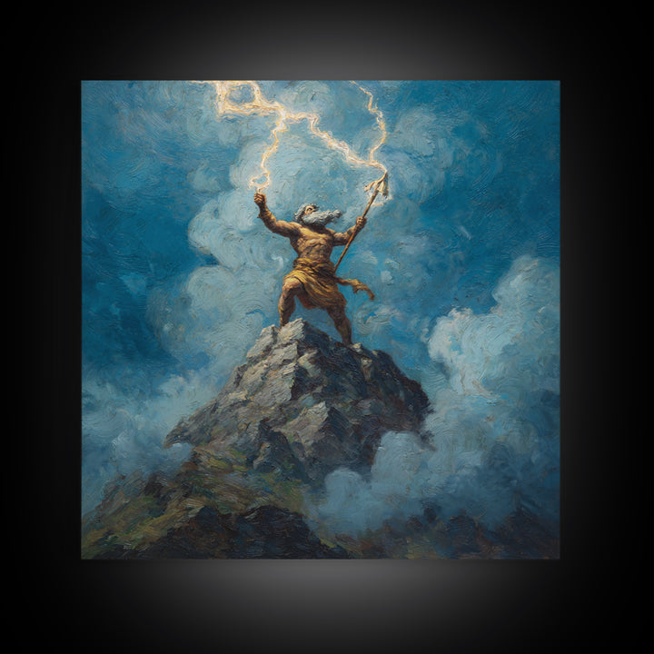 Thunder God Raising Lightning On Mountain Peak Wall Art, Mythological Art Print, Fantasy Art, Dramatic Office Decor, Gift