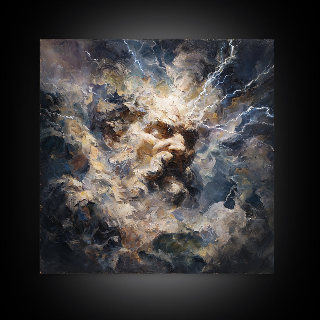 Storm God Portrait With Lightning Canvas Print, Mythological Art, Baroque Oil Painting, Dramatic Wall Decor For Living Room