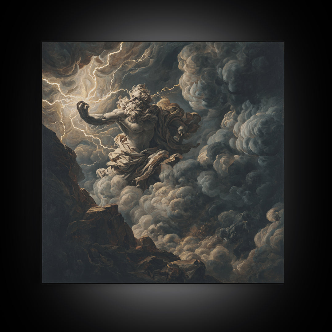 Zeus Summoning Lightning In Storm Clouds Framed Canvas Print, Mythological Art, Baroque Wall Art, Moody Dark Academia Decor