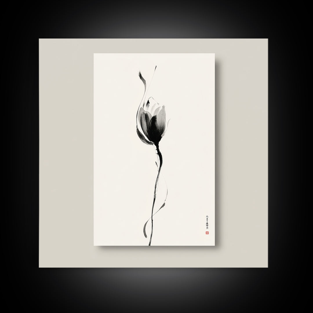 Minimalist Lotus Flower Ink Wall Art Print, Japanese Zen Floral Painting For Bedroom Decor And Modern Neutral Home