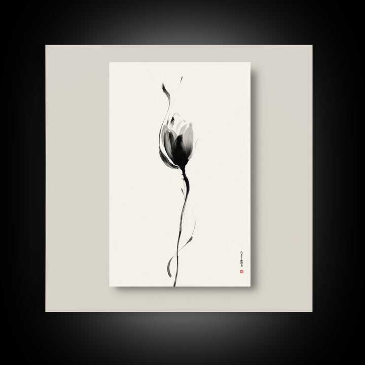 Minimalist Lotus Flower Ink Wall Art Print, Japanese Zen Floral Painting For Bedroom Decor And Modern Neutral Home