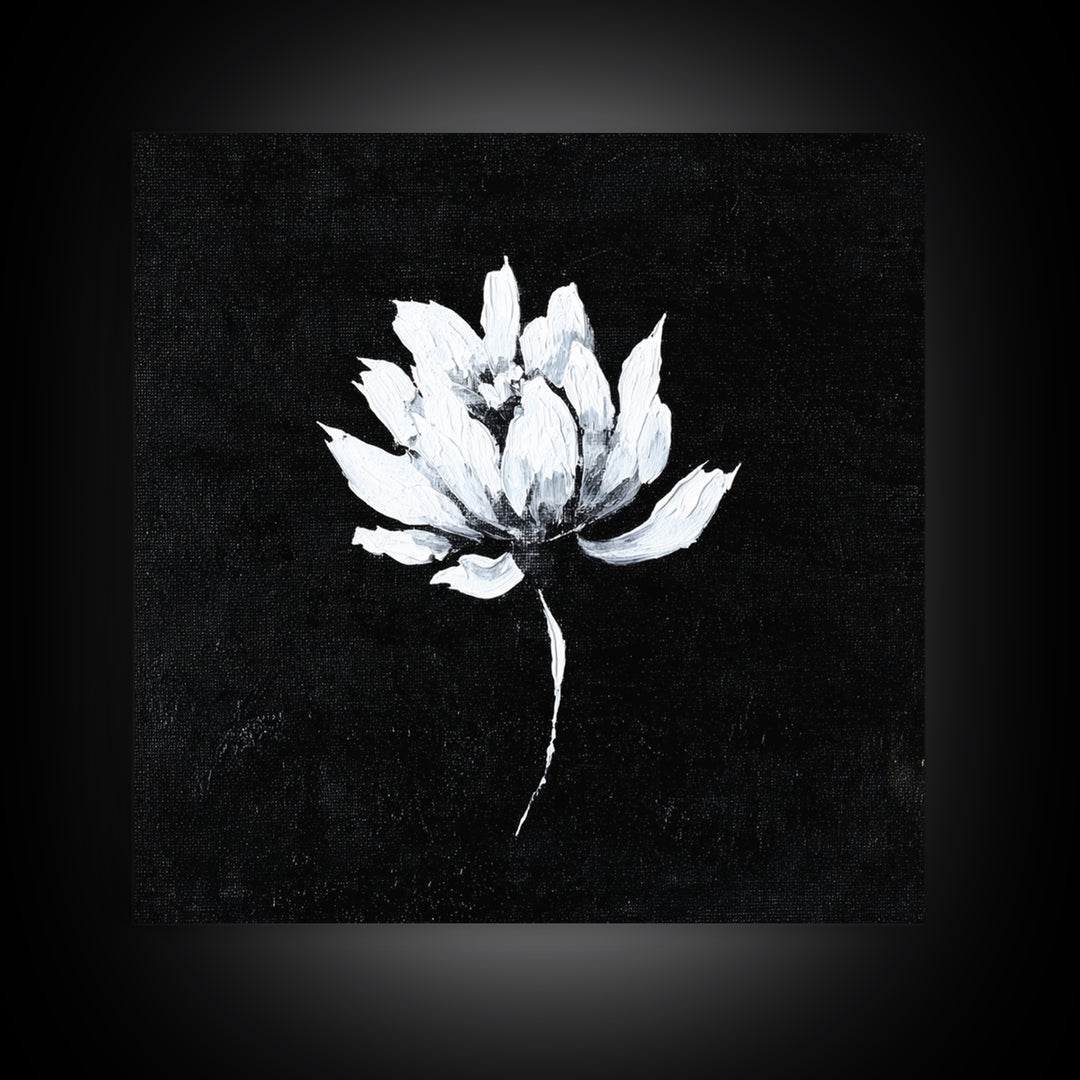 Black And White Lotus Flower Minimalist Wall Art, Textured Floral Painting, Modern Neutral Framed Canvas Print