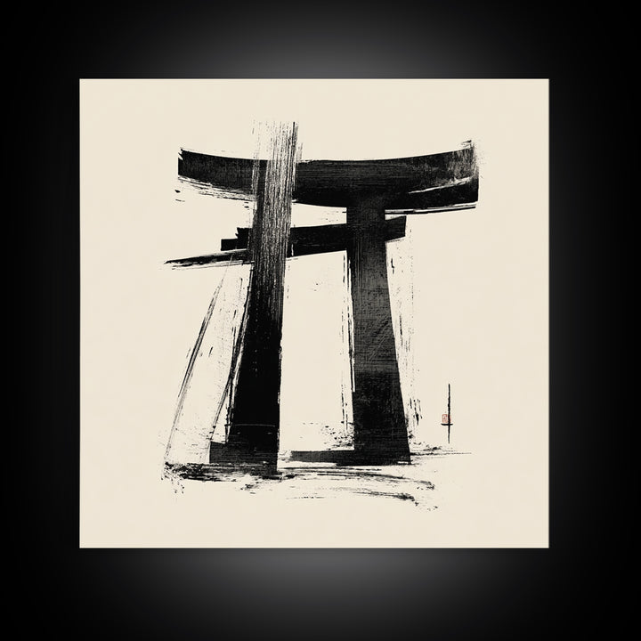 Minimalist Japanese Torii Gate Ink Painting Wall Art, Black And White Zen Decor Framed Canvas Print