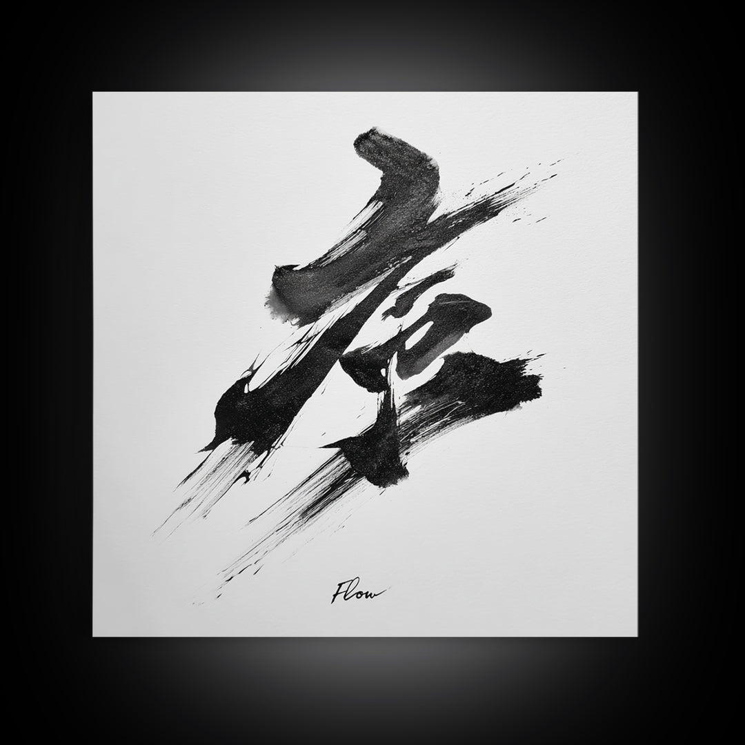 Zen Japanese Calligraphy Flow Wall Art, Minimal Black And White Ink Framed Canvas Print, Modern Asian Decor