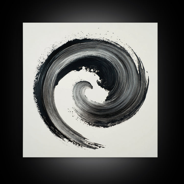 Black And White Abstract Spiral Brushstroke Wall Art, Minimalist Modern Canvas Print For Contemporary Home Decor