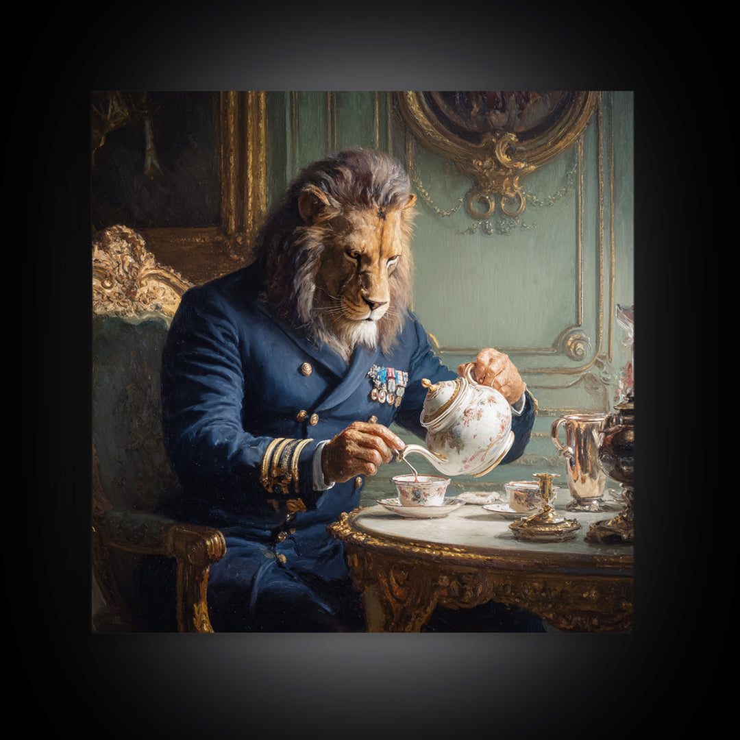 Lion Admiral Pouring Tea Wall Art, Whimsical Animal Portrait, Royal Navy Home Decor, Maximalist Canvas, Unique Gift For Him