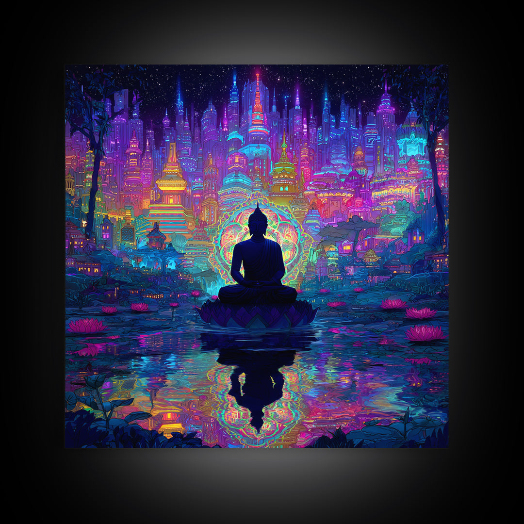 Neon Buddha Cityscape Meditation Wall Art, Spiritual Cyberpunk Canvas Print, Colorful Zen Meditation Room Decor