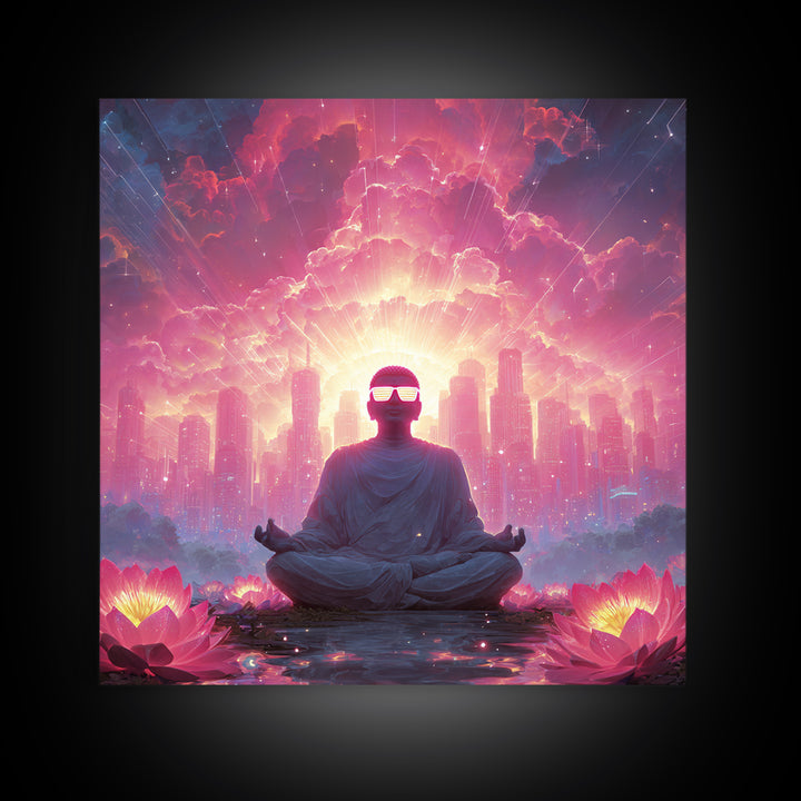 Neon Buddha Cityscape Meditation Wall Art, Psychedelic Lotus Sunset Canvas Print, Futuristic Spiritual Decor For Modern Living Room