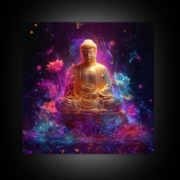 Golden Buddha In Cosmic Lotus Galaxy Wall Art, Celestial Spiritual Decor, Meditation Zen Art Print For Modern Home Decor