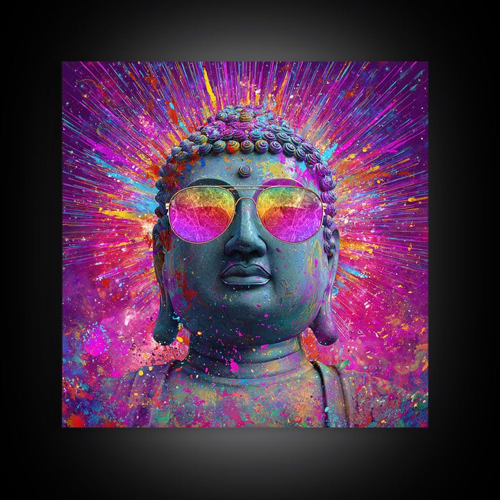 Psychedelic Buddha With Sunglasses Colorful Pop Spiritual Wall Art Canvas Print Meditation Room Decor Trippy Wall Art