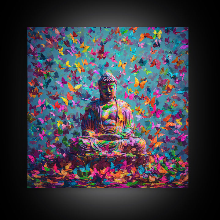 Colorful Buddha With Butterflies Wall Art, Spiritual Meditation Print, Psychedelic Boho Decor, Vibrant Zen Wall Art
