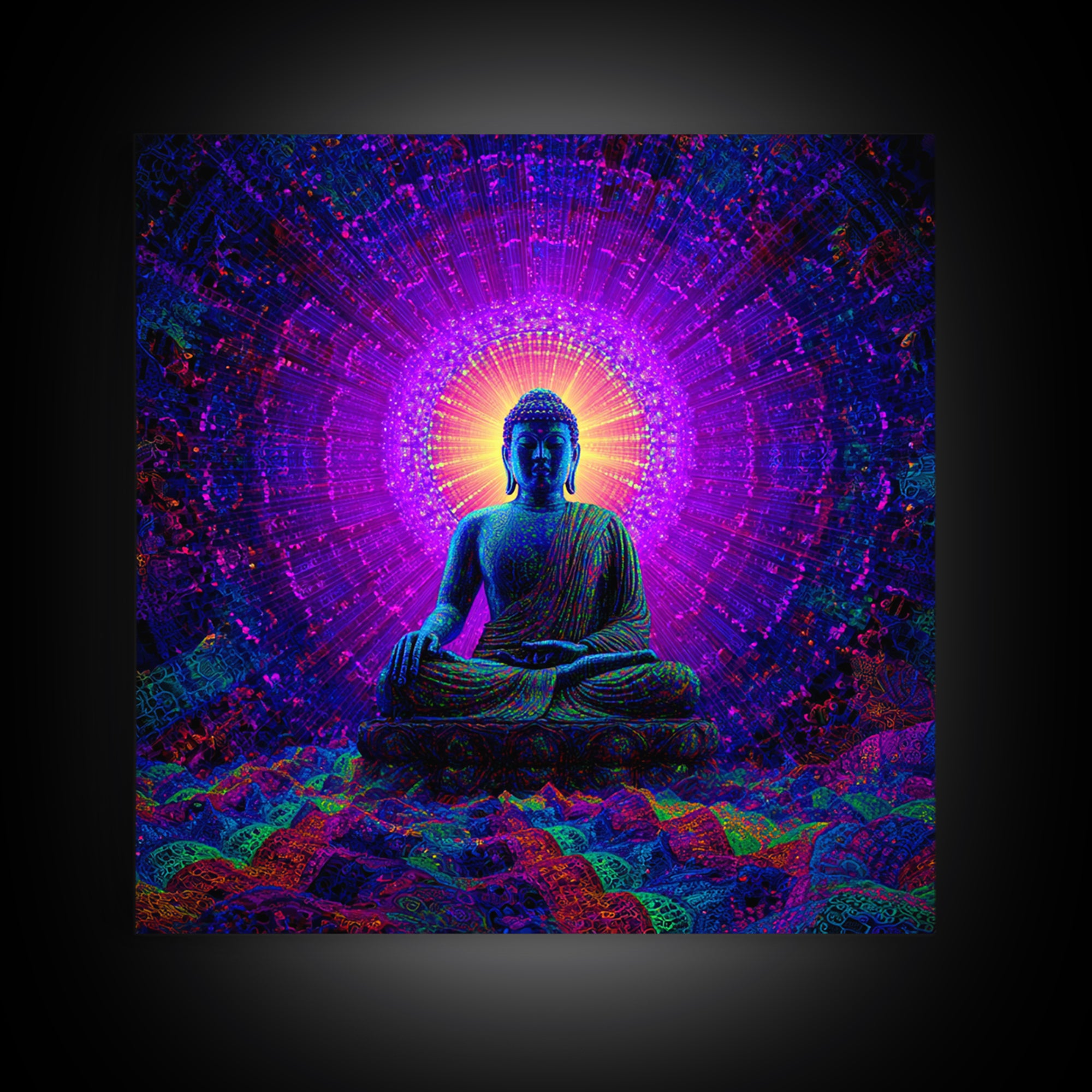 Psychedelic Buddha Aura Meditation Wall Art, Vibrant Cosmic Spiritual Canvas Print For Yoga Room And Zen Decor