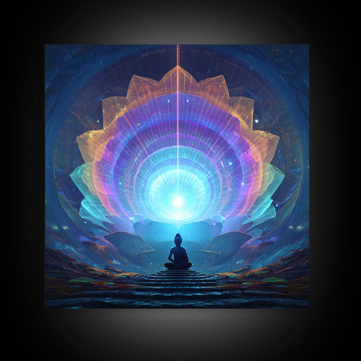 Cosmic Lotus Meditation Wall Art, Celestial Chakra Canvas Print, Psychedelic Spiritual Decor, Yoga Studio And Mindfulness Room Art