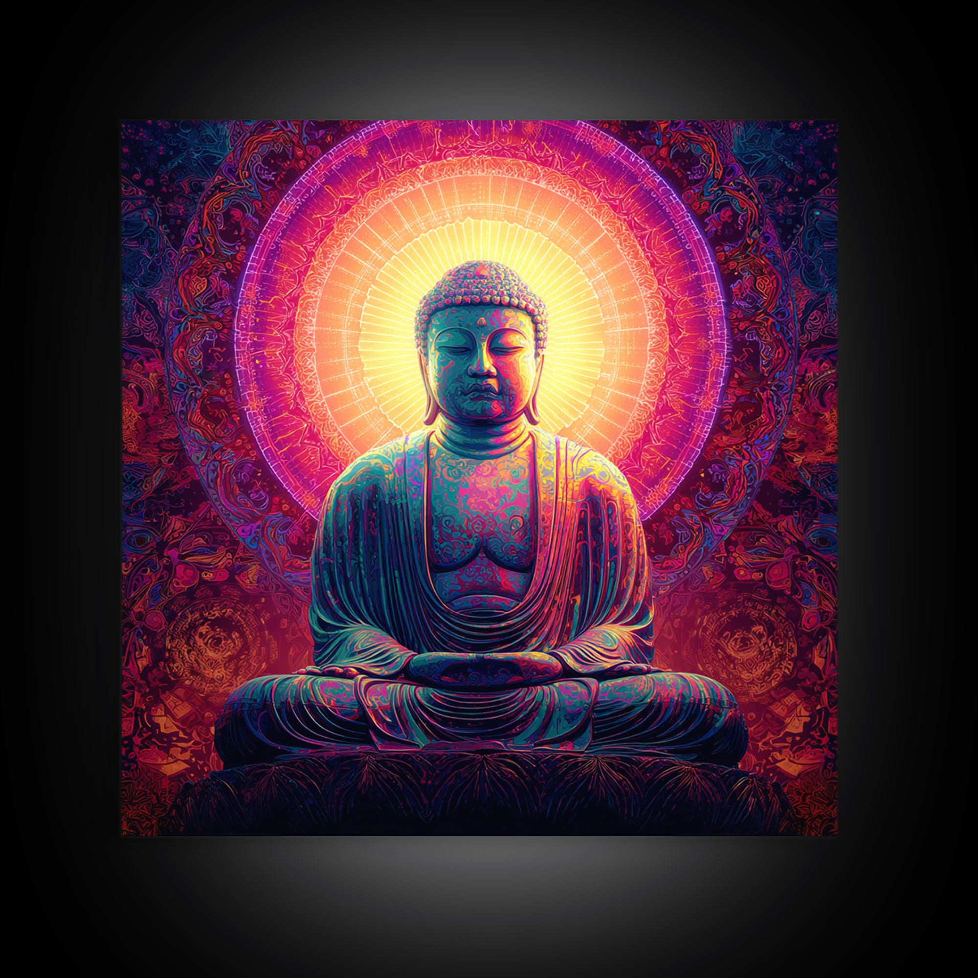 Vibrant Buddha Meditation Wall Art, Psychedelic Spiritual Canvas Print, Colorful Boho Decor Yoga Room Spiritual Art