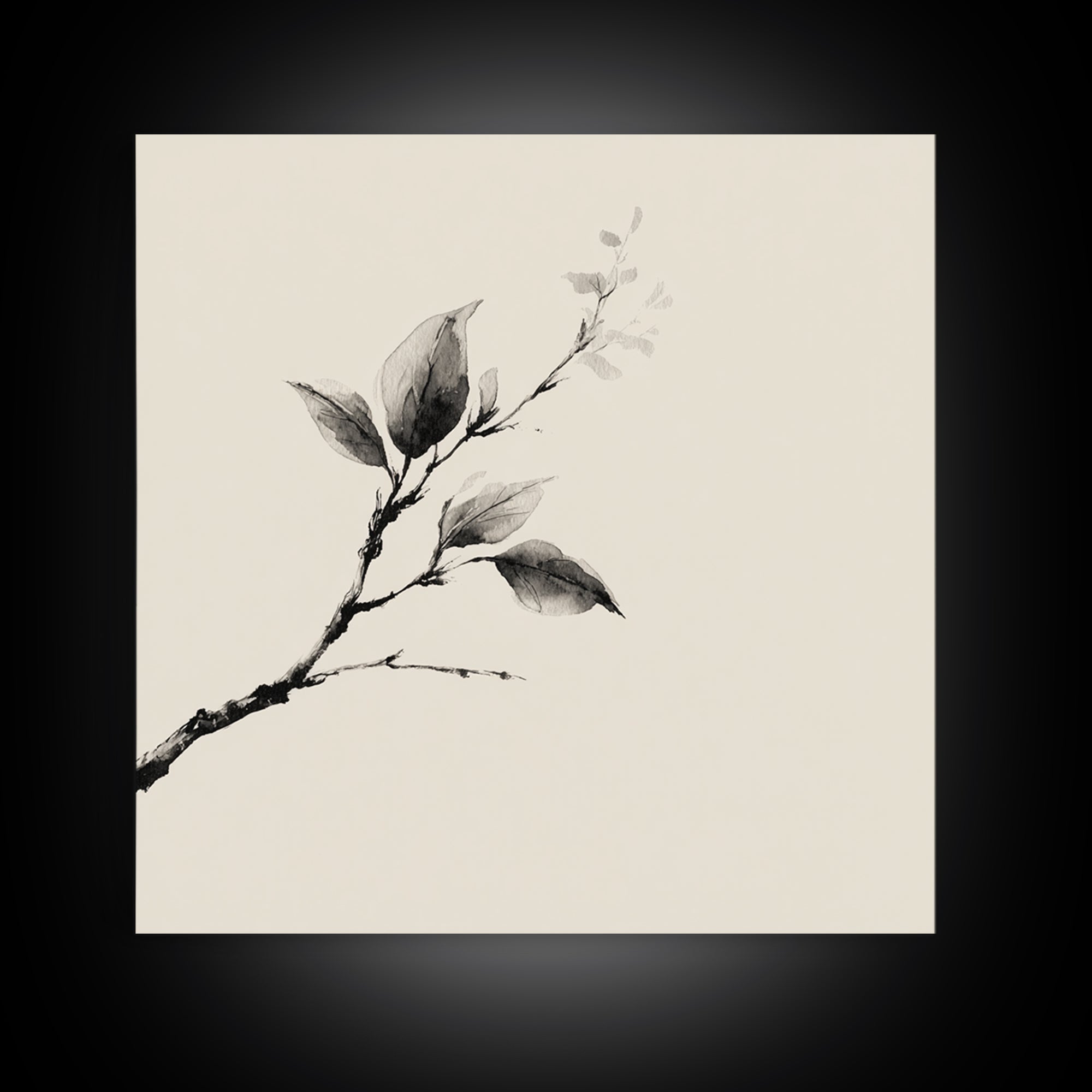 Minimal Ink Botanical Branch Wall Art, Neutral Japandi Nature Print, Calm Wabi Sabi Style Above Bed Framed Canvas Print