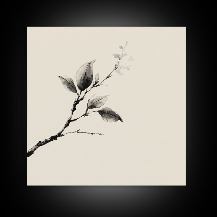 Minimal Ink Botanical Branch Wall Art, Neutral Japandi Nature Print, Calm Wabi Sabi Style Above Bed Framed Canvas Print