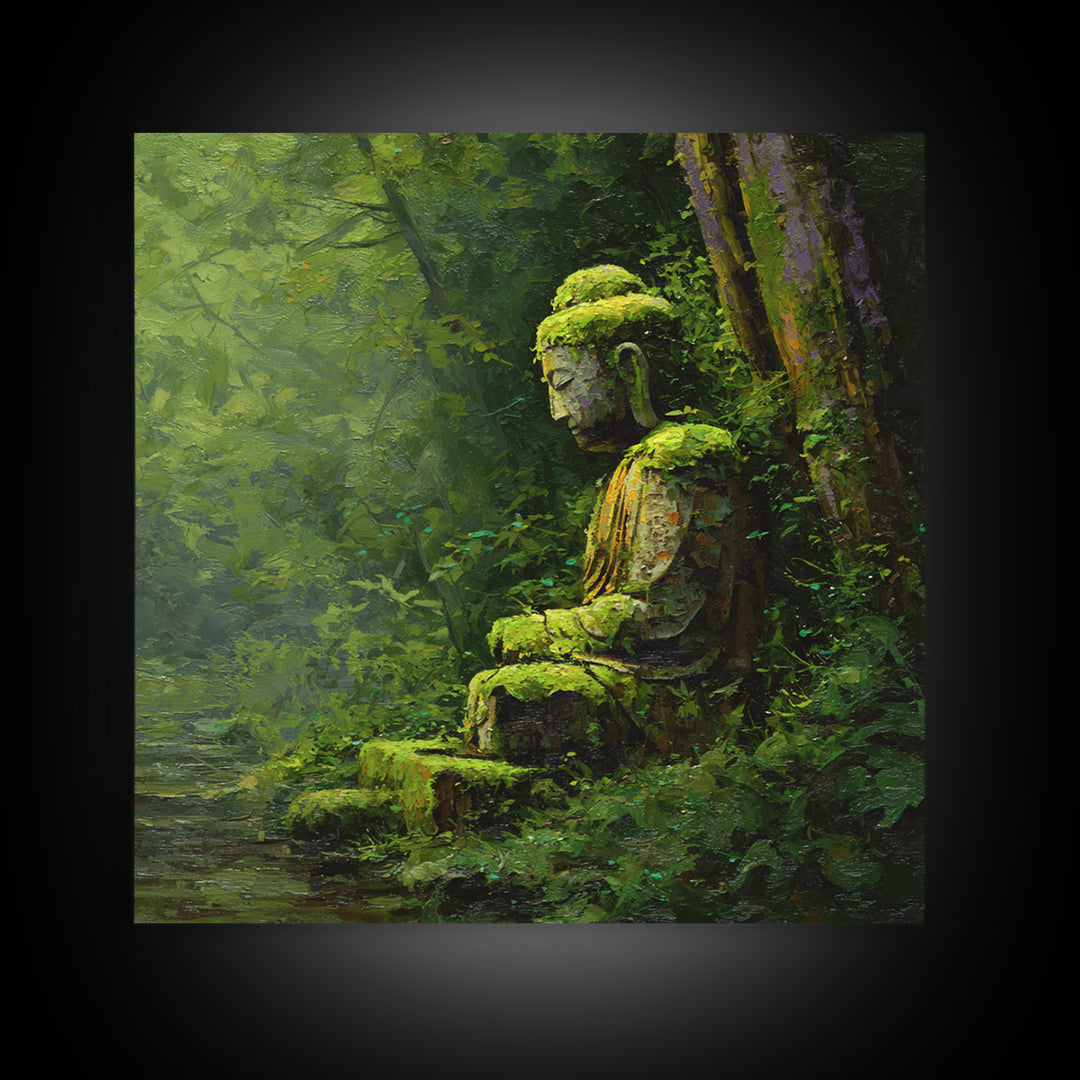 Serene Green Moss Covered Buddha Statue Wall Art Oil Painting Canvas Print For Peaceful Zen Home Decor And Meditation Room Wall
