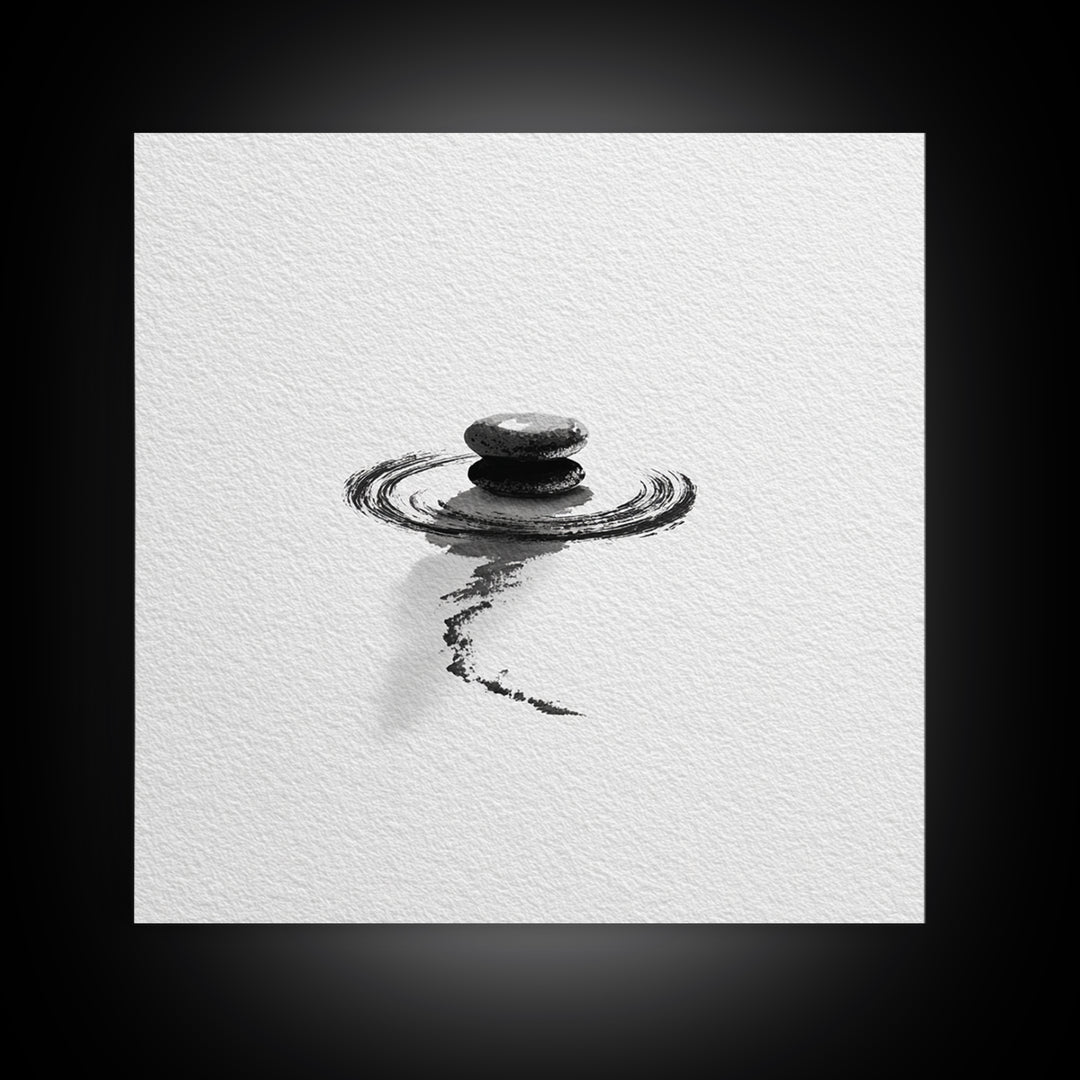 Minimalist Zen Stones Water Ripple Framed Canvas Print Black And White Wall Art Calming Bathroom Decor Modern Spa Wall Art