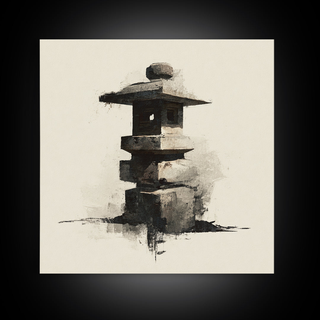 Minimal Japanese Stone Lantern Wall Art, Ink Style Zen Painting, Wabi Sabi Neutral Print For Japandi Home Decor And Entryway