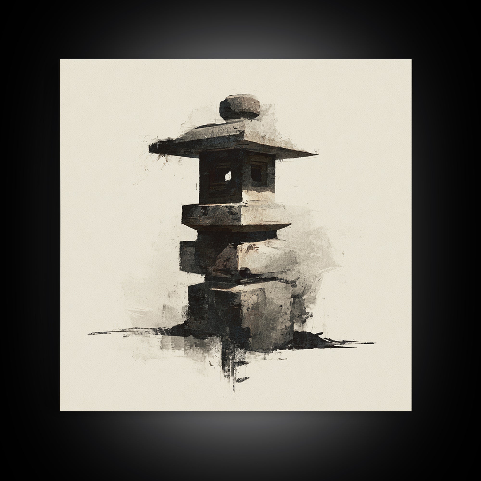 Minimal Japanese Stone Lantern Wall Art, Ink Style Zen Painting, Wabi Sabi Neutral Print For Japandi Home Decor And Entryway