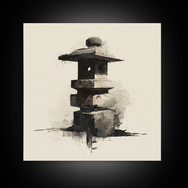 Minimal Japanese Stone Lantern Wall Art, Ink Style Zen Painting, Wabi Sabi Neutral Print For Japandi Home Decor And Entryway